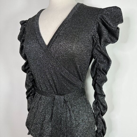 Walter Baker Marwin True Wrap Top Black Silver Sparkle Size Small Ruched Sleeve - Picture 4 of 13